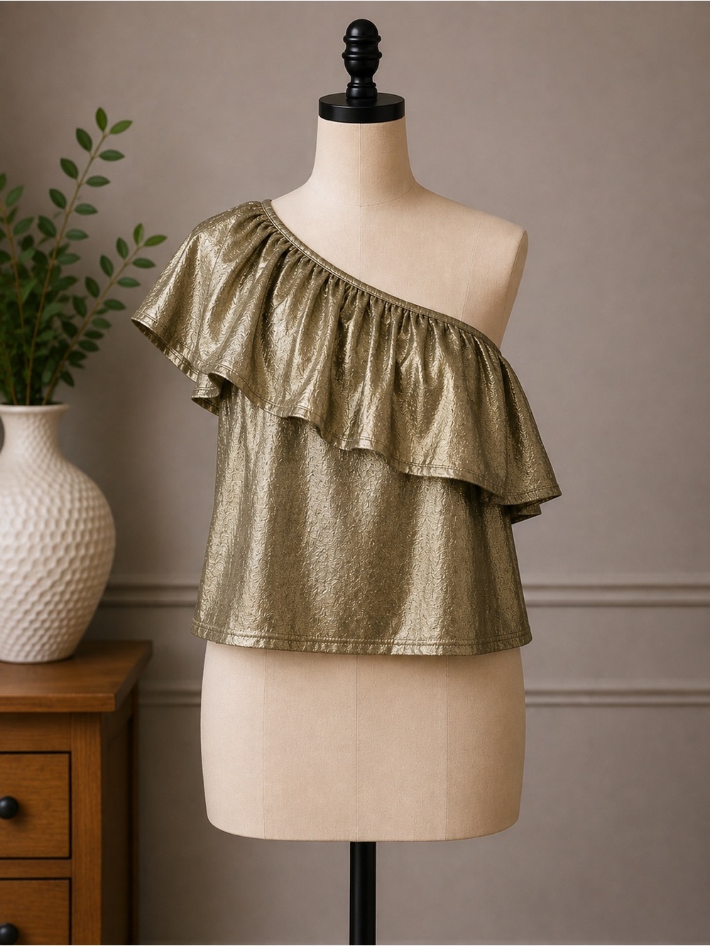TCEC Metallic Gold One-Shoulder Ruffle Top